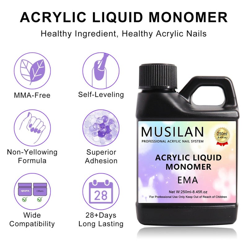 MUSILAN Monomer Acrylic Nail Liquid - 8.45oz Professional Monomer For Acrylic Powder Application,Non-Yellowing MMA-Free Nail Monomer Liquid for Beginners DIY at Home Nail Salon &Nail Extension Carving - Image 3